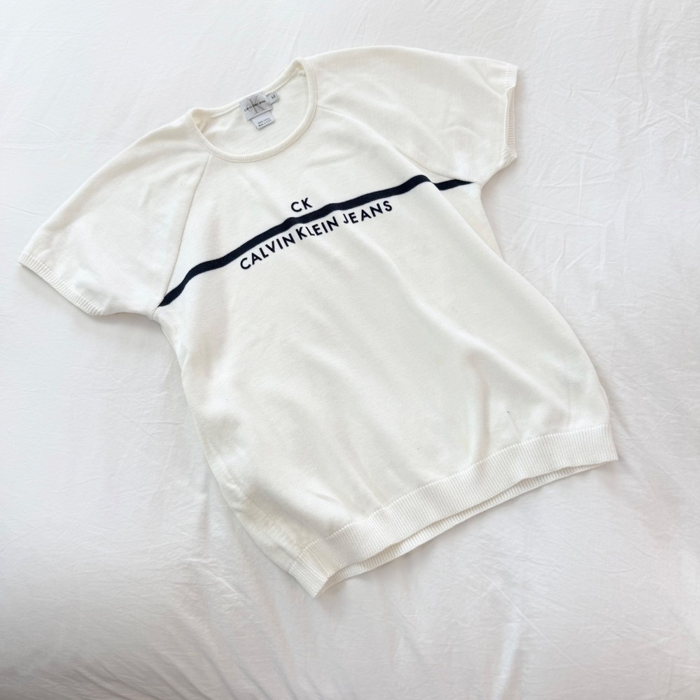 Vintage Calvin Klein Jeans Logo Knit Short Sleeve Sweater White Size M USA